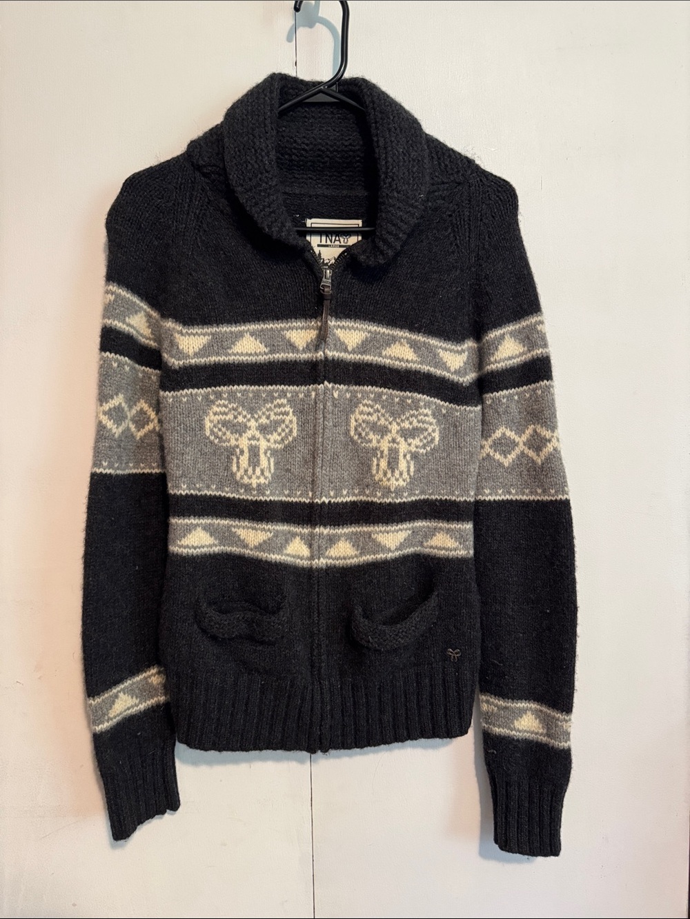 TNA Wool Black Knit Zip Cardigan with Nordic Stripes